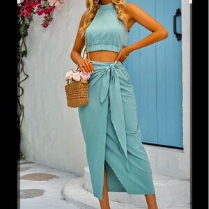 Dayday Fashion Halter Crop Top and Maxi Wrap Skirt Set